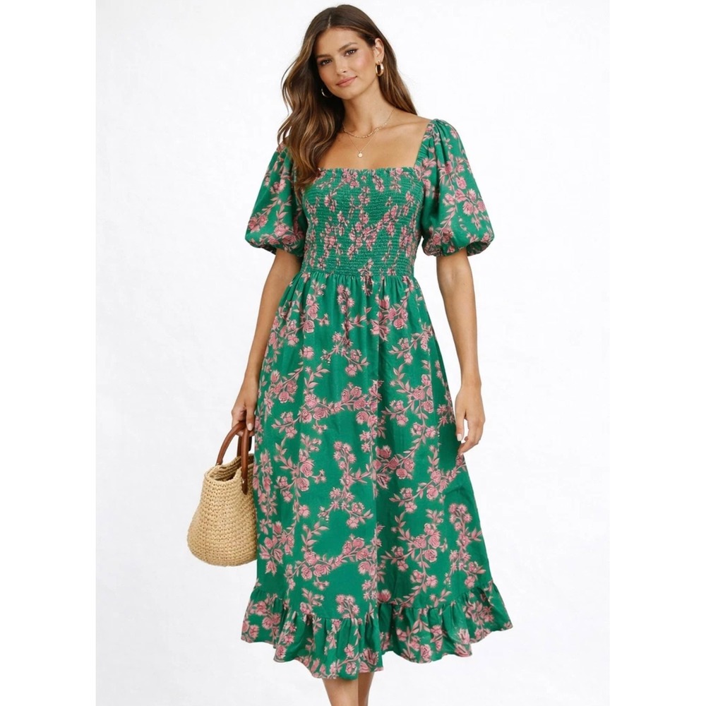 J.Crew Smocked Puff Sleeve Midi Dress XS Green Pink Floral Cotton Pockets Ruffle